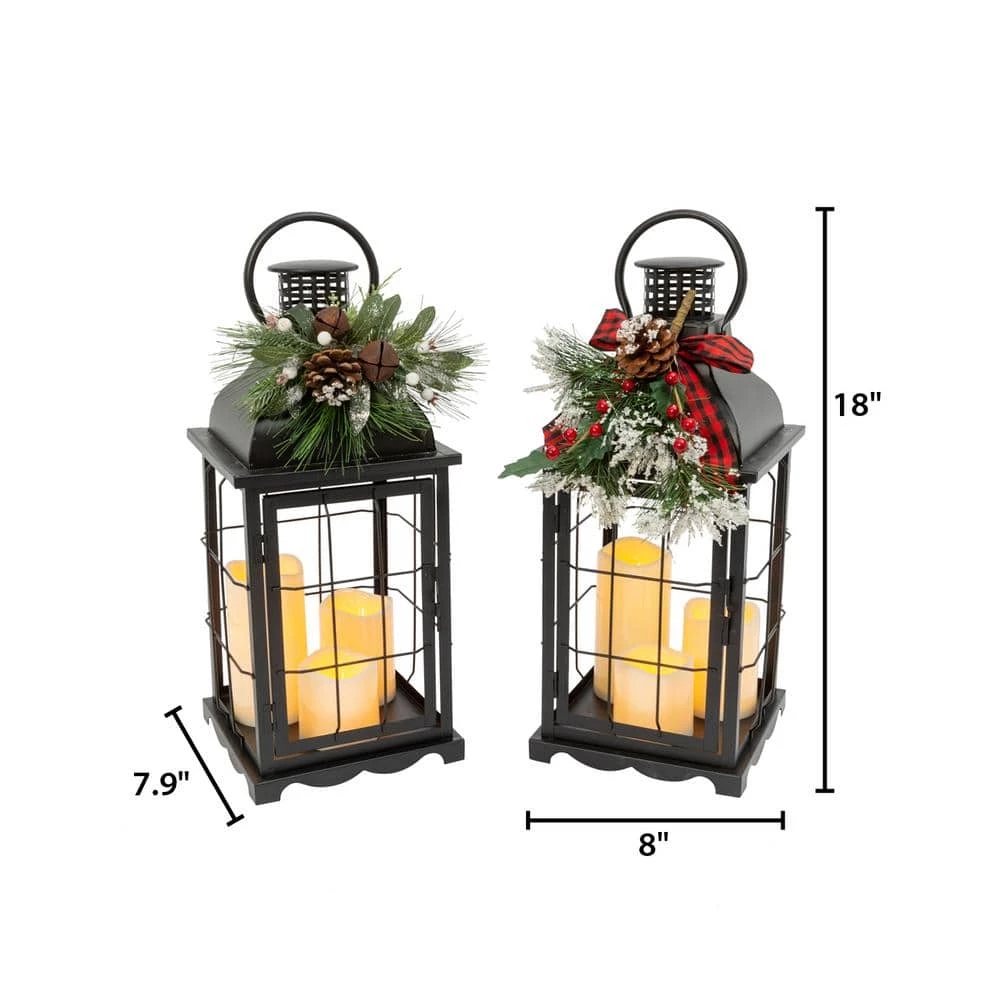 18.1 in. H B/O Lighted Metal Holiday Lantern with 3 LED Candles Each and Floral Accent (Set of 2) by GERSON INTERNATIONAL 4 18.1 in. H B/O Lighted Metal Holiday Lantern with 3 LED Candles Each and Floral Accent (Set of 2) by GERSON INTERNATIONAL - Image 2
