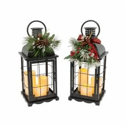 18.1 in. H B/O Lighted Metal Holiday Lantern with 3 LED Candles Each and Floral Accent (Set of 2) by GERSON INTERNATIONAL