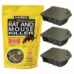 4 lbs./64 Bars All Weather Rat and Mouse Killer and 3 Locking Rat and Mouse Refillable Bait Stations by Harris